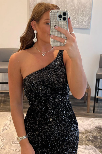 Black Sequins Sheath One Shoulder Homecoming Dress HZ1023